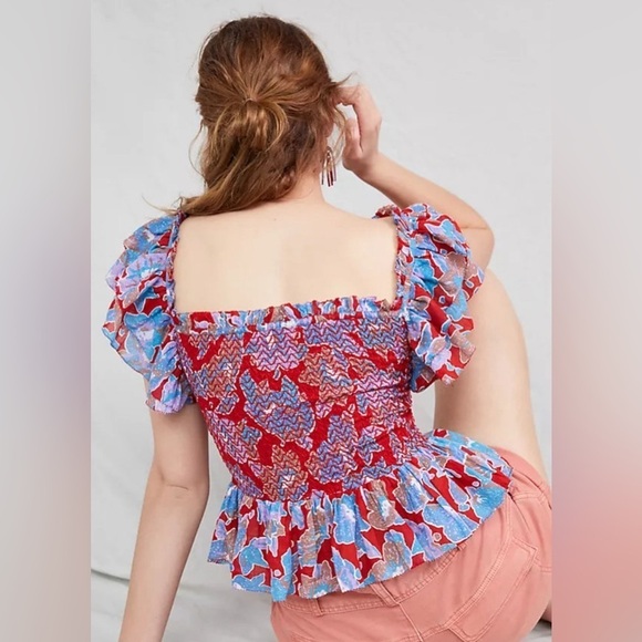 Anthropologie Love the Label Floral Print Smocked Ruffle Cropped Top Sz S - Picture 2 of 11